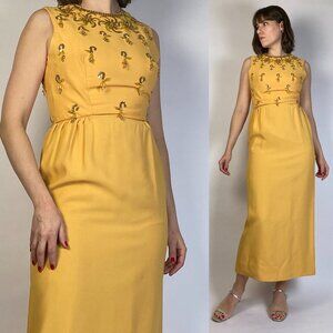 Vintage 1960s GOLDEN GOWN With Sequins & Beads -- Small